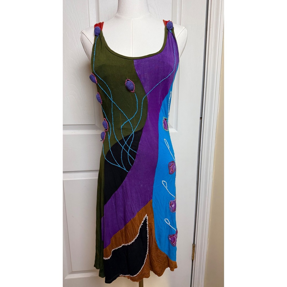 Rising International Patchwork Boho Midi Dress‎ S Multi Color Embroidery Nepal